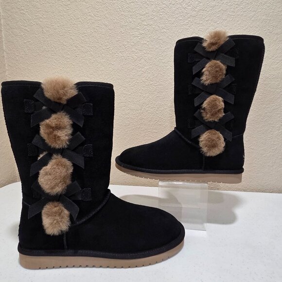 Ugg Boots Black Size 9 Women's Mid-Calf Bailey Bow II By Koolaburra Pom Poms - Picture 1 of 12